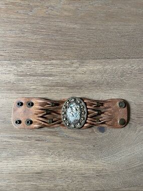 Leather Rock Bracelet Australian Crystals Iridesant Chips Leather Cuff Western